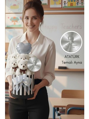 Sole Öğretmen'e Hediye: Atatürk Temalı Aynalı Çizgili Premium Kutuda, Kalpli Balonlu 6’lı Beyaz Ayıcık Buketi-24 Kasım Öğretmenler Günü Hediyesi