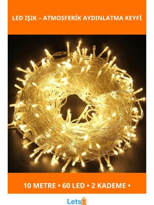 Letsii 10M 60 LED Gün Işığı 2 Kademeli Pilli Şeffaf Kablo Aydınlatma
