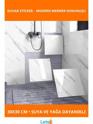 Letsii Beyaz Mermer Desenli Su Geçirmez Dayanıklı Alüminyum Plastik Duvar Sticker 30X30 cm