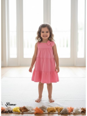 Şimo Butik Kız Çocuk Penye Pamuklu Elbise Fiyonklu Pembe Somon