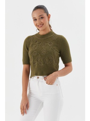 Shopping Shop Kabartma Desenli Kısa Kol Bluz Hakı