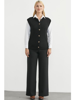 Sementa Düğme Kapamalı Yünlü Triko Yelek - Siyah