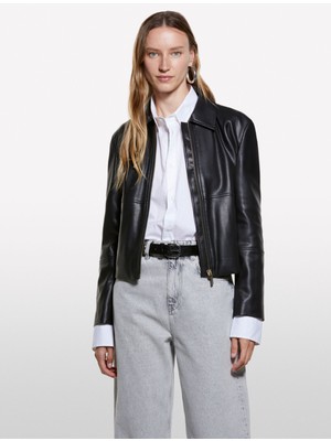 Sisley Viskoz Karışımlı Deri Görünümlü Fermuarlı Regular Fit Ceket Kadın Siyah Ceket - 325A20BZLN05T