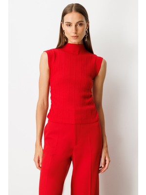 On Kadın Yanları Büzgülü Kolsuz Triko Kazak 65355 Kırmızı