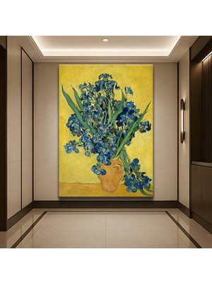 Vincent Van Gogh Sarı Arka Plan Süsen Çiçekleri Kanvas Tablo Duvar Tablosu Dekoratif Ressam Tablosu