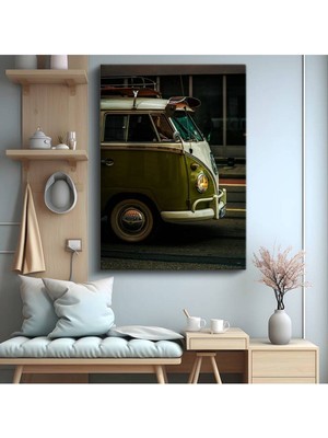 Volkswagen T1 Klasik Minibüs Kanvas Tablo Alman Hippie Kültürü Yeşil Tablo