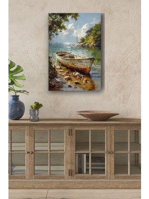 Kıyıya Vurmuş Paslı Kayık Yağlı Boya Görünümlü Hd Dijital Baskı Dikey Kanvas Tablo 463