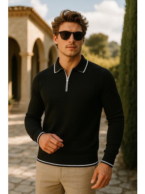 Comstar Erkek Günlük Fermuarlı Siyah Uzun Kollu Polo Yaka Triko
