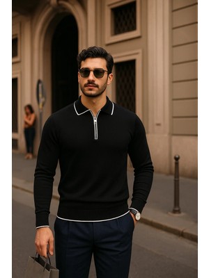 Comstar Erkek Fermuarlı Siyah Uzun Kollu Polo Yaka Triko Kazak