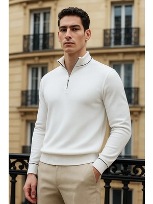 Comstar Erkek Trend Fermuarlı Beyaz Uzun Kollu Polo Yaka Tişört