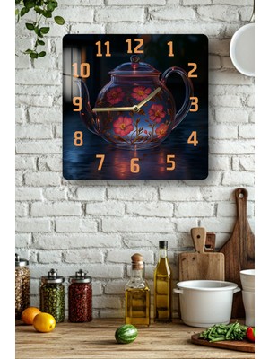 KutuTR Çiçek Desenli Cam Demlik Temalı Temperli Cam Kare Saat 33X33 cm Ebadında Uv Baskı - KCS075