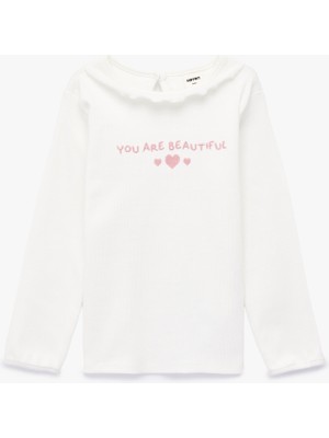 Koton Pamuklu Fırfır Detaylı Uzun Kollu Bisiklet Yaka Tişört