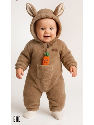 Wofim 3026 Unisex Bebek Natural Welsoft Şapkalı Cep Havuç Detaylı Tulum