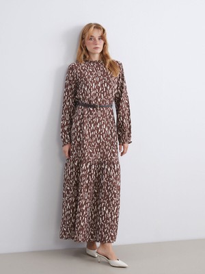 LC Waikiki Yeni Sezon Fırfırlı Dik Yaka Desenli Kemerli Katkat ELBISE_8684688677789