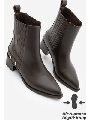 Marjin Kadın Sivri Burun Chelsea Çift Lastikli Troklu Zımbalı Topuklu Bot Alura Kahve