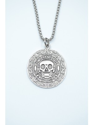 IDR Aztec Karayip Korsanları Madalyon Gümüş Kaplama Örme Zincir Kolye