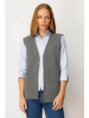 Desen Triko Kadın V Yaka Çelik Örgü Yün Anne Yelek 25044 Füme