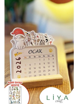 Liyacraft 2026 Ahşap Ayaklı Sevimli Kedi Masa Üstü Takvimi