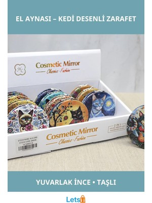 Letsii Kedi Taşlı Yuvarlak Ince El Aynası