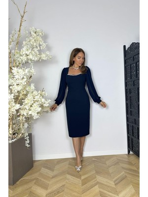 G1572 Yaka Detaylı Şifon Kol Abiye Elbise Lacivert