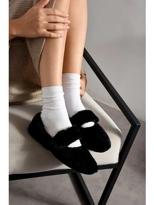 Solario Luna Tavşan Tüyü Lastikli Kaydırmaz Taban Kadın Babet Panduf Ev Terliği
