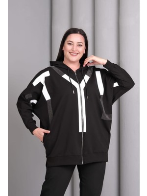 Şans Kadın Büyük Beden Siyah, Kapüşonlu Fermuarlı, Baskı ve Taş Detaylı Astarsız Tunik Ceket 65N39196