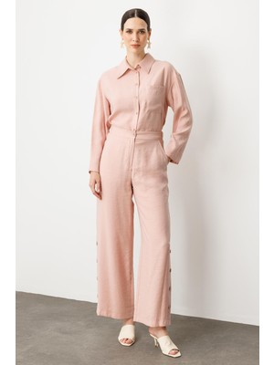 Accort Düğme Detaylı Bol Paça Pantolon-Pudra