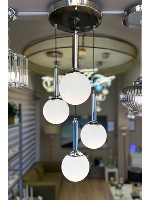 Minimal Globe Black & Silver 4'lü Beyaz Cam Sarkıt Avize