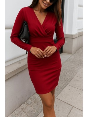 Moderie Butik Kadın Uzun Kollu Kruvaze Yaka Mini Ithal Krep Elbise
