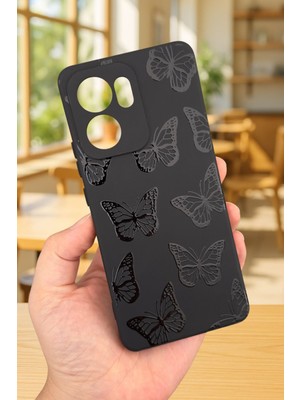 Vip Case Oppo Reno 13 F Uyumlu Siyah Kelebek Desenli Silikon Darbe Emici Klasik Korumalı Rubber Kılıf