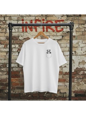 İnfire Clothing Panda Beyaz Baskılı Unisex Bisiklet Yaka Pamuk Oversize T-Shirt