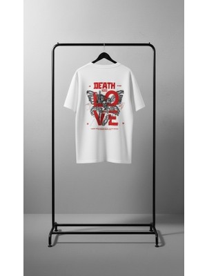 İnfire Clothing Death Love Beyaz Baskılı Unisex Bisiklet Yaka Pamuk Oversize T-Shirt