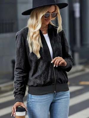 Nnstartshopping  Kadın Uzun Kollu Önden Fermuarlı Süet Ceket