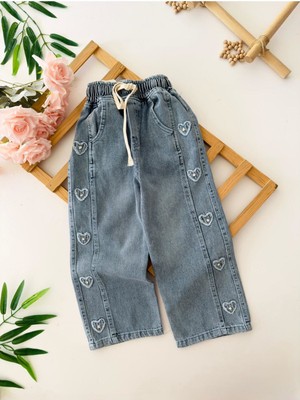 Miniğimin Cicileri Kalp Içi Taş Detaylı Kız Çocuk Yumuşak kot pantolon - Mavi