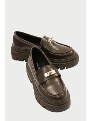 Mubiano Kadın Deri Loafer Kalın Comfort Tabanlı Metal Tokalı Kahve Vareen