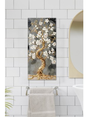 KutuTR Altın Gövdeli Beyaz Çiçekli Ağaç Temalı Temperli Cam Dik Tablo 30X60 cm Ebadında Uv Baskı - DCT035