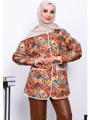 İmaj Butik Yeşil Etnik Desenli Cepli Ceket