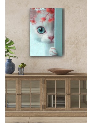 GülsenArt Duvar Arkasında Beyaz Kedi Yağlı Boya Görünümlü Hd Dijital Baskı Dikey Kanvas Tablo 231312