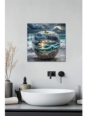 KutuTR 3D Görünümlü Temperli Cam Tablo – Okyanus ve Gümüş Elma Teması Uv Baskı 33X33 cm -CTK017