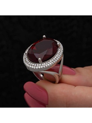 Gumush Hk Gümüş Kadın Yüzük Kırmızı Oval Taşlı |Gümüş Takı Hediyelik Ürünler