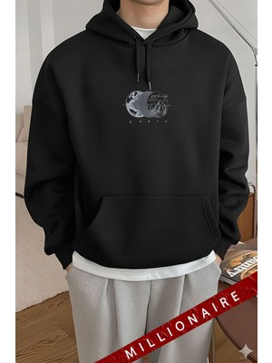 Millionaire Erkek Siyah Earth Kapüşonlu Oversize 3 Iplik Şardonlu Salaş Bol Kesim Hoodie Sweatshirt