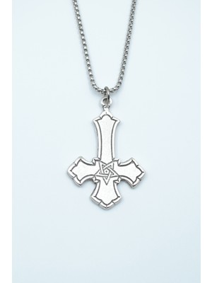 IDR Ters Haç - Davut Yıldızı Gümüş Kaplama Örme Zincir Kolye