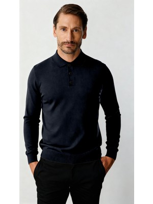 İGS Lacivert Standart Fit Dar Kalıp Polo Yaka Düz Uzun Kollu  Triko