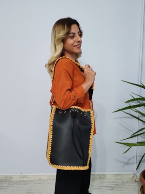 Cadde Dükkanı El Yapımı Suni Deri Alaçatı Çanta Siyah