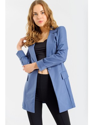 Jument Kadın Kolu Katlanabilir Uzun Kol Boyfriend Şık Ofis Blazer Uzun Ceket-Dirty Blue
