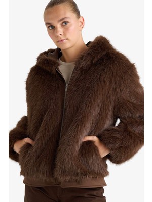 DeFacto Regular Fit Kapüşonlu Fermuarlı Suni Kürk Mont F5570AX25WN