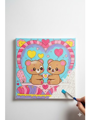 Okul Etkinliği 20X20 Resimli Tuval Çocuk Boyama Seti-Model-20 Resimli 3 Boya 1 Fırça