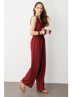 Accort Rahat Kalıp Keten Pantolon-Bordo