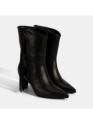 Desa Kadın Siyah Püskül Detaylı Topuklu Deri Bot