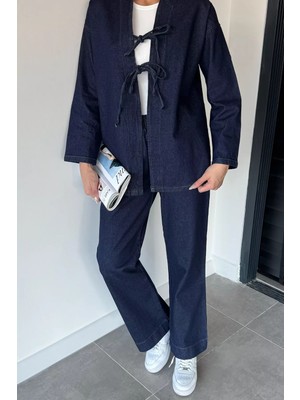 Gülseli Kadın Ön Bağlamalı Ceket Pantolon Jean Kot Ikili Takım P-00018993